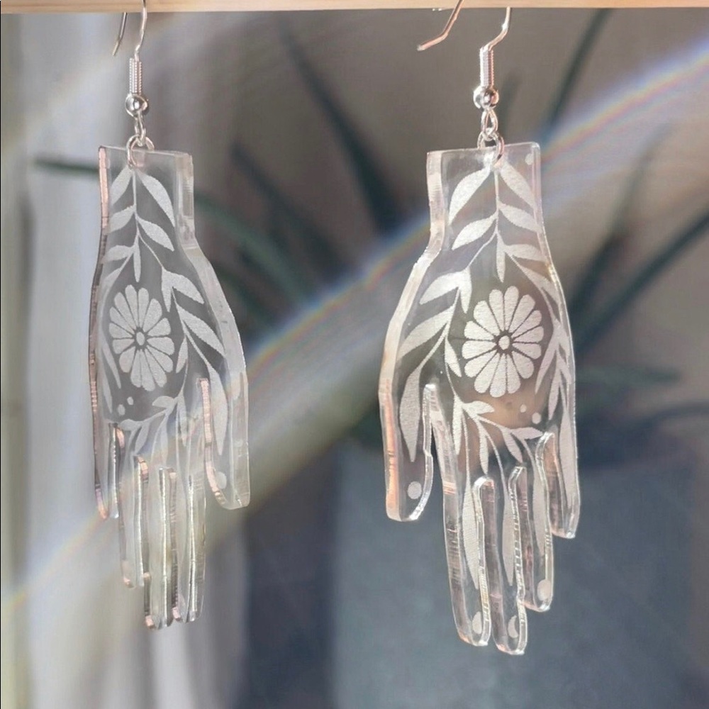 Floral hand earrings - laser etched acrylic